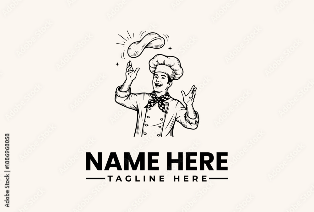 Obraz premium A black and white illustration of a magician conjuring a question mark above his head, with a chef's hat and coat, standing against a clean background with space for a name and tagline.