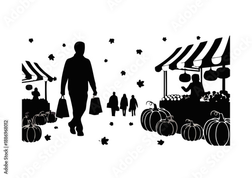 A dynamic silhouette illustration of an outdoor autumn market, portraying people shopping amidst stalls laden with pumpkins and falling leaves, capturing the seasonal charm