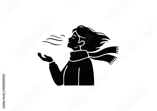 Illustration of a person with scarf in windy weather, symbolizing cold, fresh air, and outdoor activities during winter