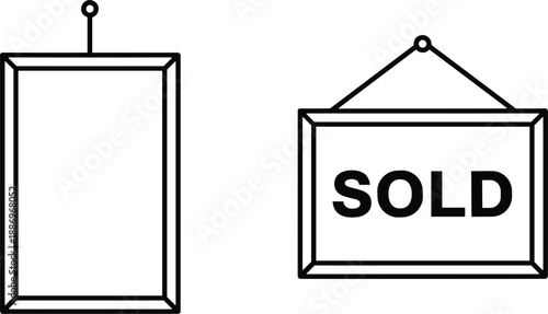 Real estate sold sign hanging frame icon property sale announcement vector illustration outline minimal design marketing home symbol