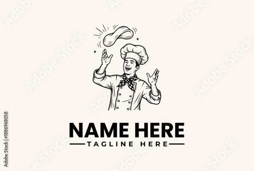 A black and white illustration of a magician conjuring a question mark above his head, with a chef's hat and coat, standing against a clean background with space for a name and tagline.