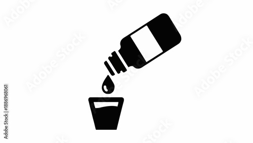 Bottle Pouring into Cup Silhouette – Black Vector Icon. Minimalist, Editable Stroke, Isolated on White Background, Beverage or Medicine Concept.