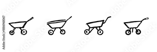 Wheelbarrow Line Icon Set In Doodle Style. Gardening And Construction Equipment Outline Sketch Collection. Hand Drawn Isolated Vector Illustration