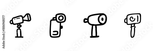 Video Camera And Camcorder Line Icon Set In Doodle Style. Filmmaking, Video Recording, And Media Production Tools Outline Sketch Collection. Hand Drawn Isolated Vector Illustration