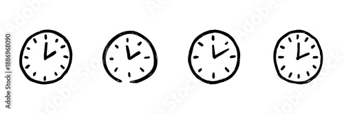 Four Clock Faces Line Icon Set In Doodle Style. Time Management, Scheduling, And Punctuality Outline Sketch Collection. Hand Drawn Isolated Vector Illustration