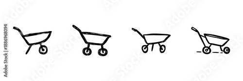 Wheelbarrow Line Icon Set In Doodle Style. Gardening And Construction Equipment Outline Sketch Collection. Hand Drawn Isolated Vector Illustration