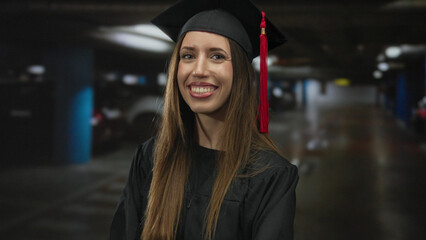 Woman wearing black graduation gown and cap smiles beside car in parking building; achievement pride.
