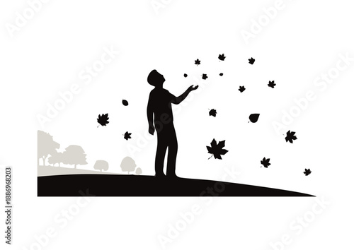 A solitary silhouette enjoying the peaceful dance of autumn leaves, a moment of tranquil connection with nature's gentle embrace on a breezy fall day