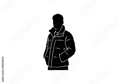 Minimalist vector illustration of a person wearing a warm puffer jacket, perfect for showcasing winter apparel and fashion concepts in a sleek, iconic style