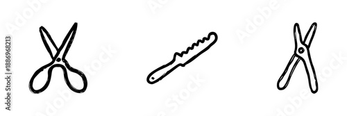 Scissors, Knife, And Shears Line Icon Set In Doodle Style. Cutting Tools For Crafting, Cooking, And Gardening Outline Sketch Collection. Hand Drawn Isolated Vector Illustration