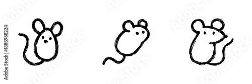 Mouse Line Icon Set In Doodle Style. Cute Rodent Illustrations For Children Books And Educational Materials. Hand Drawn Isolated Vector Illustration