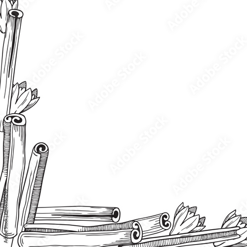 Hand-drawn frame made of cinnamon sticks and cinnamon plant flower, detailed black and white graphic sketch