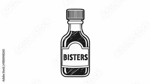 BISTERS Bottle Icon – Hand-Drawn Sketch Style with Label. Vector Illustration, Minimalist, Editable Stroke, Isolated on White Background.