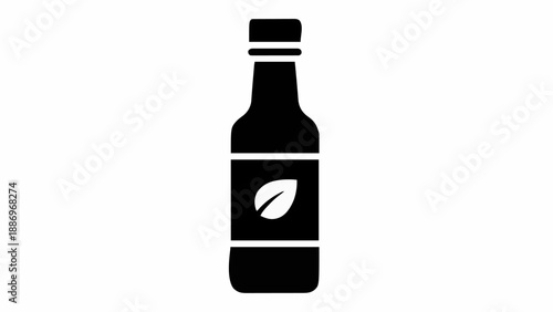 Bottle with Leaf Label Icon – Natural Product Symbol. Black Silhouette Vector, Minimalist, Editable Stroke, Isolated on White Background.