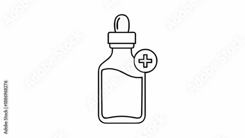 Dropper Bottle with Plus Sign – Medical or Supplement Icon. Vector Line Art, Minimalist, Editable Stroke, Isolated on White Background.