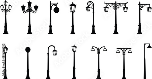 Street lamp silhouettes collection featuring various classic and modern lamppost designs outdoor urban lighting vector illustration set