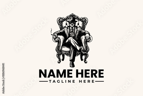 A logo illustration of a suited man sitting in an ornate chair with a cigar, set against a clean background with space for a name and tagline.