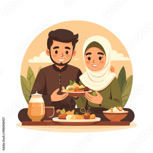 Smiling Muslim Couple Breaks Fast with Delicious Iftar Food During Ramadan