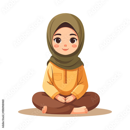 Cute Cartoon Muslim Girl in Hijab Sitting Cross legged Happily