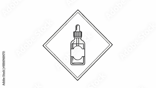 Dropper bottle with decorative label inside diamond frame. Minimal apothecary tincture or serum packaging line illustration.
