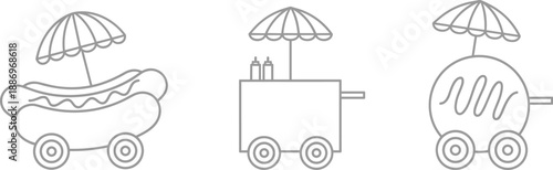 Street food cart outline icons set showing hot dog ice cream and dessert wagons vector illustration minimal design