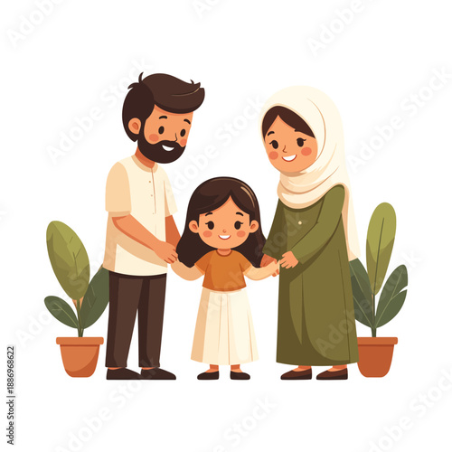 Happy Muslim Family Holding Hands with Daughter, Smiling Together