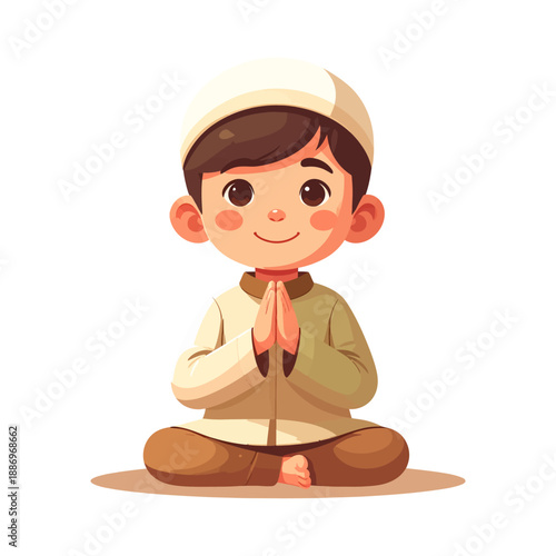 Smiling Muslim Boy Wearing Kufi Hat and Traditional Attire Praying