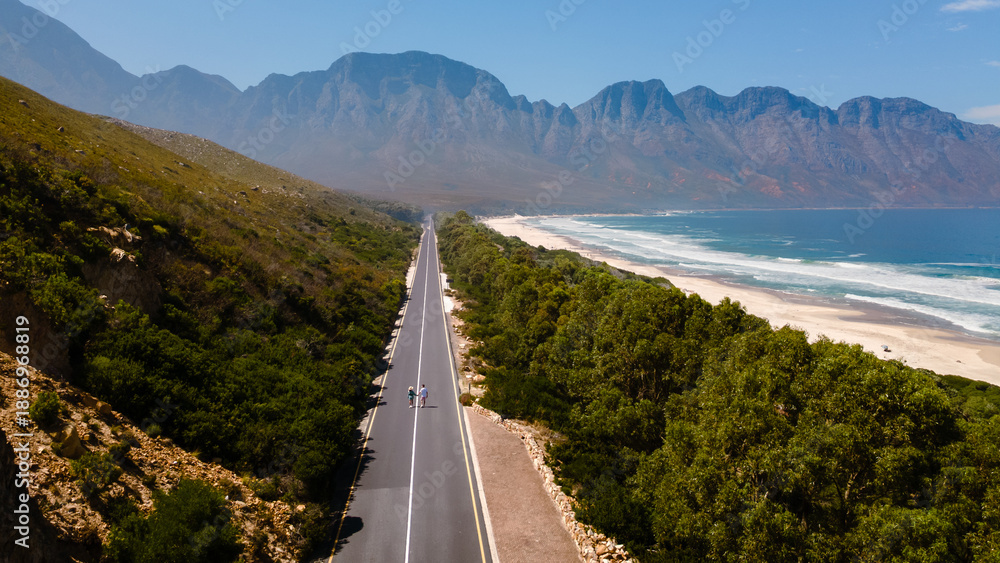 Obraz premium Explore the breathtaking vista along the Kogelbay Beach road in Western Cape, South Africa. Lush greenery meets golden sands under a clear blue sky, inviting travelers and adventure seekers.