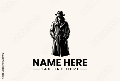Black and white illustration of a man in a long coat and hat with placeholder text for a logo or brand name on a plain background.
