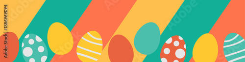 A striped Easter banner featuring vibrant stripes of yellow, turquoise, and salmon, with randomly placed multicolored Easter eggs.