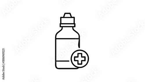Medical drop bottle icon with cross symbol. Minimal healthcare medicine container line illustration.