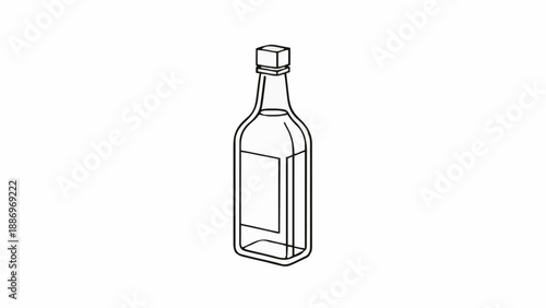 Isometric rectangular glass bottle with square cap and blank label. Minimal liquor or syrup container line art vector illustration.