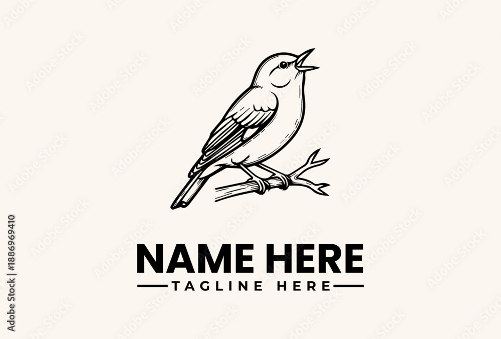 Fototapeta premium A minimalist illustration of a bird perched on a branch with a logo template featuring a bold, modern design on a clean background.