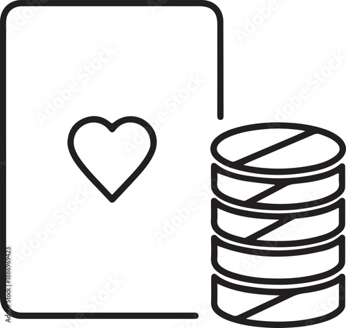 Playing card with heart suit alongside a stack of poker chips in a minimalist outline illustration isolated on white background, illustration