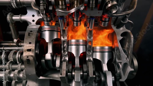 Close-up of radiant engine pistons firing with flames in a dark background