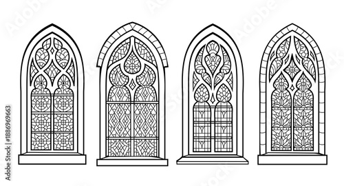 Set of gothic stained glass windows from Church of Saint Matthew in Quimper. 16th century style of Flamboyant Gothic. French architecture. Hand drawn vector. Black and white page for coloring book.