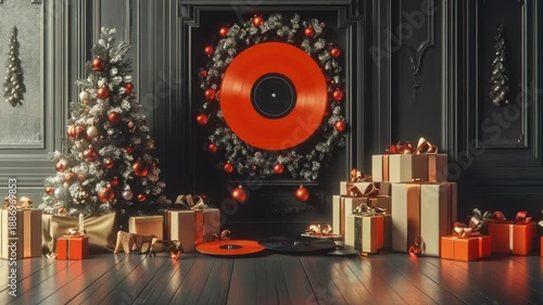 Wallpaper Mural Video A cozy Christmas scene with a decorated tree, wrapped gifts, and a vinyl record Torontodigital.ca