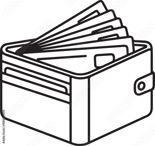 Minimalist line art depiction of a wallet holding numerous important cards isolated on white background, illustration