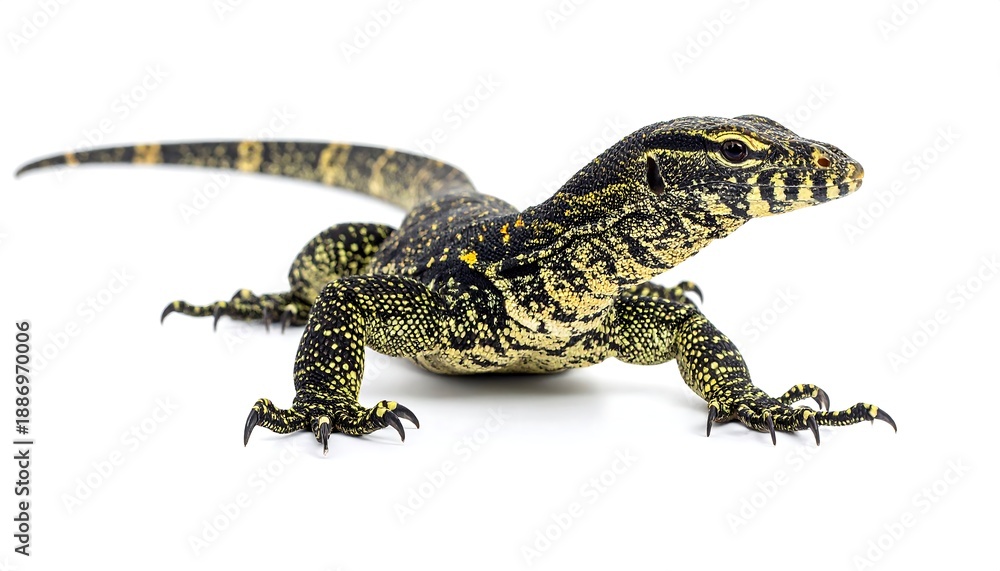 Naklejka premium Detailed Close-Up of a Monitor Lizard on White Background.