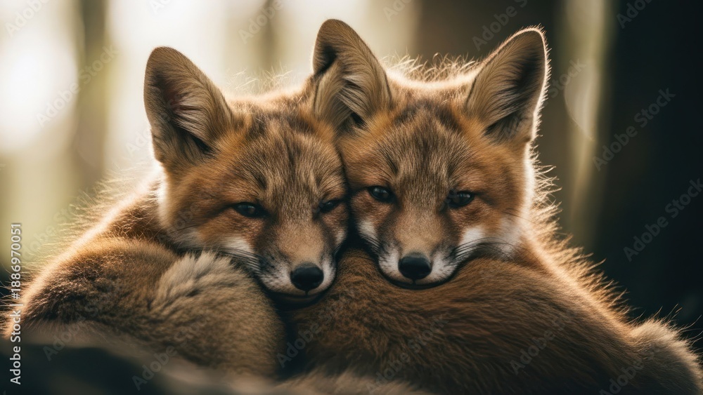 Fototapeta premium Two juvenile red foxes cuddling warmly, closeup