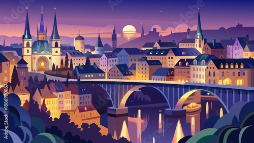 Very beautiful night skyline of Luxembourg City centered on Adolphe Bridge, illuminated lights reflecting across the valley and emphasizing elegant architecture under a dramatic evening sky.