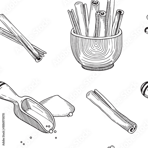 Hand-drawn seamless pattern made of cinnamon sticks in a wooden bowl and spices measuring spoon with ground cinnamon powder