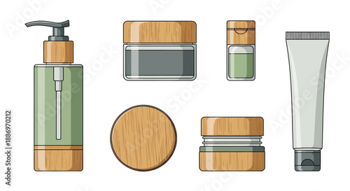 Collection of Modern Eco-Friendly Cosmetic Packaging Illustrations with Wooden Accents