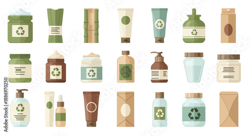 Vector illustration set of sustainable and natural personal care packaging, featuring diverse eco-friendly containers with recycling symbols, isolated on a white background.