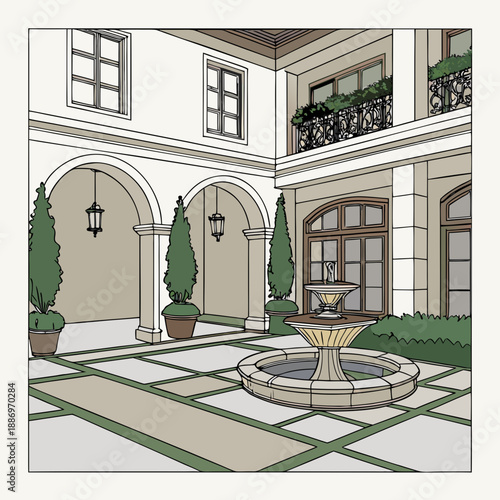 3D AR Luxury Courtyard with Central Reflecting Pool