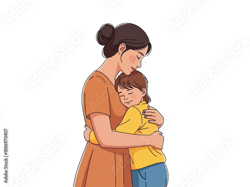 Mother and child hugging warmly in a simple illustration style