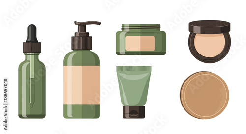 Arranged natural beauty product containers: a flat vector illustration set with clean design.