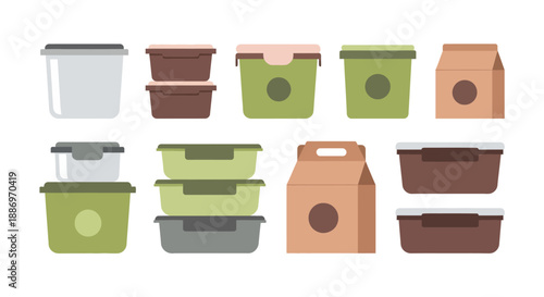 Collection of Reusable Food Containers and Eco-Friendly Packaging Flat Design Illustration