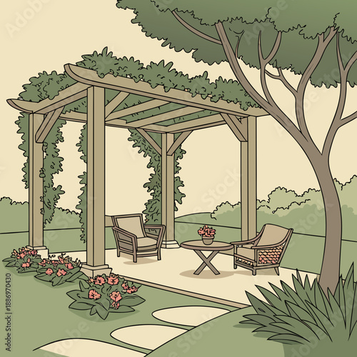 3D AR Outdoor Seating Area with Pergola and Greenery