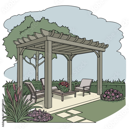 3D AR Outdoor Seating Area with Pergola and Greenery